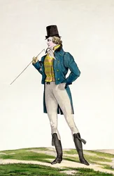 Een Dandy in een Robinson hoed, met kinderlijke krullen, gebreide broek en rijlaarzen, plaat 5 in de Incroyable et merveilleuse serie modeplaten
