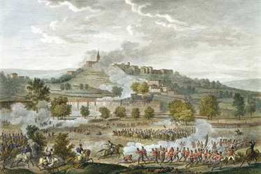 De Slag bij Montebello en Casteggio, 20 Prairial, Jaar 8 (9 juni 1800) gegraveerd door Jean Duplessi-Bertaux (1747-1819)