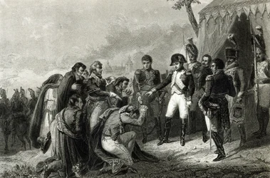 De verslagen Spanjaarden liggen voor Napoleon voordat hij Madrid binnentreedt