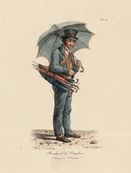 De Paraplu- en Parasolverkoper, nummer 23 uit de serie De Kreten van Parijs, gegraveerd door Francois Seraphin Delpech (1778-1825)