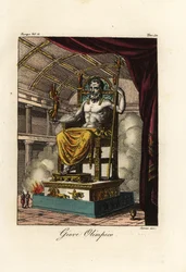 Standbeeld van Zeus of Jupiter in Olympia, reusachtige zittende figuur van de Griekse beeldhouwer Phidias rond 435 v.Chr. in het heiligdom van Olympia, Griekenland