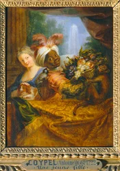 Jong zwart meisje houdt een fruitmand vast en jong meisje streelt een hond - Jeune noir tenant une corbeille de fruits et jeune fille caressant un chien ...