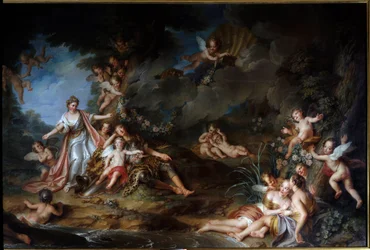 De betoverende Armide die Renaud wil steken zal toegeven aan de Liefde (ook wel "De Slaap van Renaud" genoemd). Illustratie van een scène uit "De Jeruzalem Bevrijd" (La gerusalemme liberata) door Torquato Tasso (schilderij door Charles Antoine Coypel)