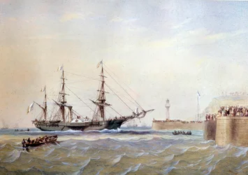 Raderschip dat terugkeert naar de haven van Le Havre in de 19e eeuw
