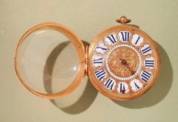 Horloge, ca. 1685 (verguld messing en email)