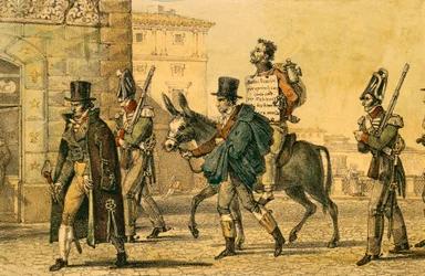 Straf waarbij men door de straten werd geleid op een ezel, lithografie door Jean-Baptiste-Antoine Thomas uit Un Rome