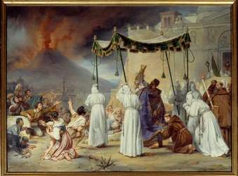 Processie van Sint Januarius naar Napels tijdens een uitbarsting van de Vesuvius