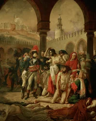 Keizer Napoleon I Bonaparte bezoekt de door de pest getroffen inwoners van Jaffa, gevolgd door zijn generaals Berthier en Bessieres ...