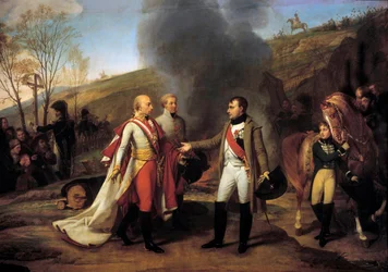 Interview van Napoleon I (1769-1821) en Frans II (1768-1835) in Sarutschitz in Moravië na de Slag bij Austerlitz, 4/12/1805