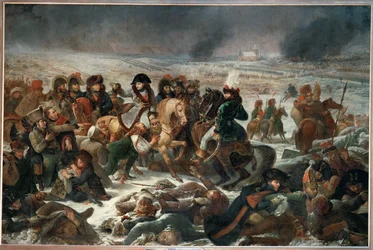Napoleon op het slagveld van Eylau, gewonnen op 9 februari 1807 door de Franse troepen op de Russen en Pruisen ...