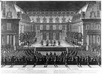 Voorstelling, in de marmeren binnenplaats van het kasteel van Versailles, van "Alceste" door Jean Baptiste Lully (Giovanni Battista Lulli) (1632-1687) voor de vieringen ter gelegenheid van de herleving van de Franche Comté (1674). Gravure door Le Pautre