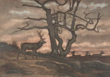Hert en boom tegen zonsondergang, 1810-1875