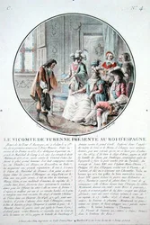 De Burggraaf van Turenne (1611-75) wordt voorgesteld aan Koning Filips IV (1605-65) van Spanje, gegraveerd door L. Roger