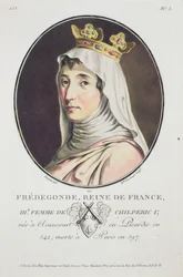Fredegonde, koningin van de Franken, uit Portraits des Grands Hommes, femmes illustres, et sujets memorables de France, grave et imprimes en couleurs, gepubliceerd door Pierre Blin, 1786-92, Parijs