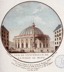 Zicht op de buitenkant van de graanmarkt, Parijs gebouwd door Le Camus de Mézières tussen 1763 en 1766, tegenwoordig de beurs in Parijs. In schilderachtige uitzichten van de belangrijkste gebouwen van Parijs door Sergeant