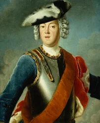 Portret van een Heer, Verondersteld August William te Zijn, Halflang, Dragend een Blauw Jasje, Witte Overhemd en Borstplaat