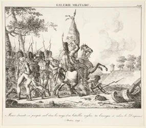 Menier (Huzaren) werpt zich alleen in de linie van een Engels bataljon, doodt de vaandrig en neemt de vlag (Druten, 1795)