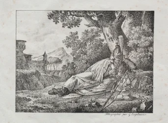 Receuil dessais lithographiques: Rookende Draak liggend aan de voet van een boom