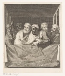 Vijf mannen met tulband en een met hoed in een loge achter een balustrade