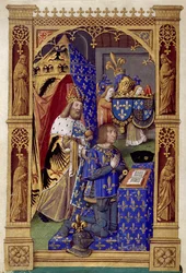 De koning van Frankrijk Lodewijk XII in gebed met Karel de Grote achter hem