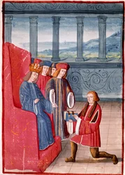 De auteur biedt zijn boek aan de koning van Frankrijk, Karel VIII (1470-1498), aan. Miniatuur uit de "Kronieken van Frankrijk", geïllustreerd door Antoine Vérard (1450-1519). Biblioteca Nazionale, Turijn