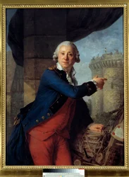 Portret van Jean Henri Masers, Ridder van Latude (1725-1805) Hij wijst naar de vernietiging van de Bastille waar hij gevangen zat voor een poging tot aanslag op Madame de Pompadour (Markiezin de Pompadour)