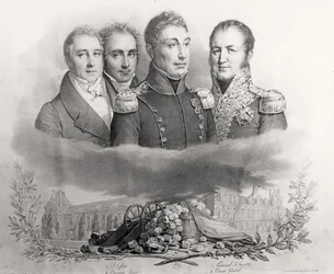 De Voorlopige Regering van 29 juli 1830. V.l.n.r.: Jacques Lafitte (1767-1844), Casimir Perier (1777-1832), generaal Lafayette (1757-1834) en graaf Etienne Maurice Gerard (1773-1852), 1831
