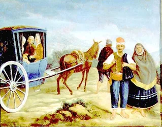 Edelmannen in een Maltese Kaless met de Wapens van De Meester de Rohan, passerend Maltese Boeren aan de Wegkant