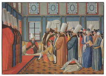 De presentatie van de Graaf de Vergennes, ambassadeur van Lodewijk XV, aan Reis Effendi, Grootvizier van de Ottomaanse Sultan 