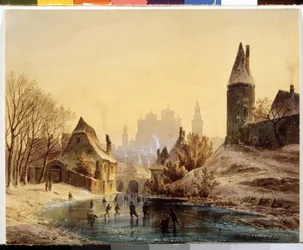 Schaatsbaan op een rivier, aquarel van Anton Doll (1826-1887) 1855, Museum voor Schone Kunsten Poesjkin, Moskou