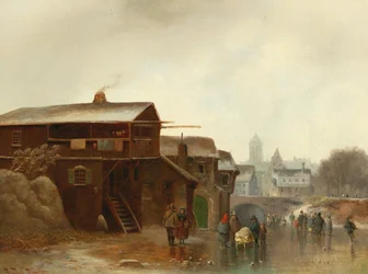 Winteramusement met een stad op de achtergrond