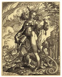 De godheid van Heresia, een allegorische figuur afgebeeld in de vorm van een vrouw met ezelsoren, die een boek met gescheurde bladzijden vasthoudt en een monsterlijk wezen tussen haar benen. Contrareformatorische satirische prent van Anton Eisenhout (1554-
