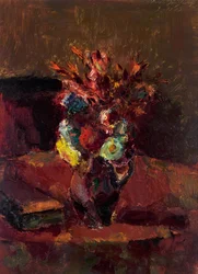 Boeket bloemen met rood tafelkleed