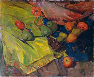 Stilleven met fruit op groen doek