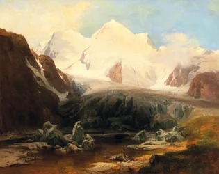 Uitzicht op een bergmeer met besneeuwde bergen op de achtergrond
