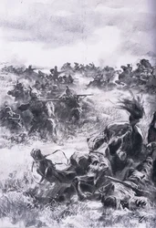 Nederlaag van de 14e Russische Cavaleriebrigade bij Praszysz, uit De Geïllustreerde Geschiedenis van de Wereldoorlog 1914-1915 pub. door Union Berlagsefellfchaft