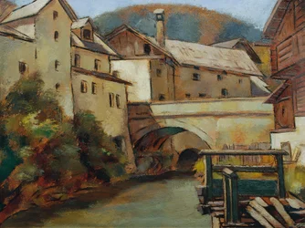 Gezicht op een stad met rivier en brug