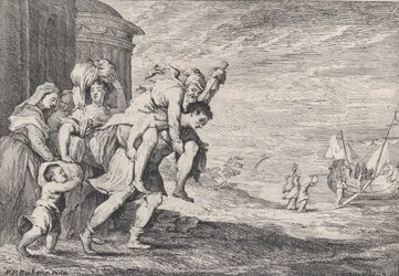 Aeneas vlucht uit Troje, met een groep van zes figuren die de stad verlaten, Aeneas draagt...