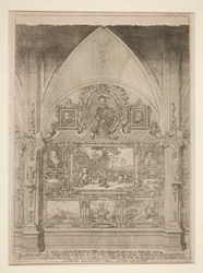 Interieur met gebogen nis versierd met portretten en genrescènes