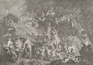 Het feest van Venus, met groepen saters, nimfen en putti die rond een standbeeld van Venus dansen, 1732