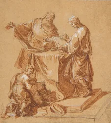 Een hogepriester, de profetes Anna en een knielende jongen rond een tafel