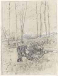 Boer aan het werk met een kruiwagen in het bos