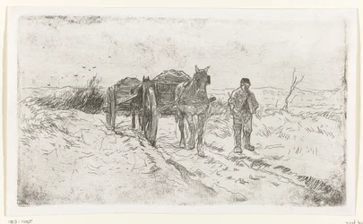 Boer naast twee door paarden getrokken karren