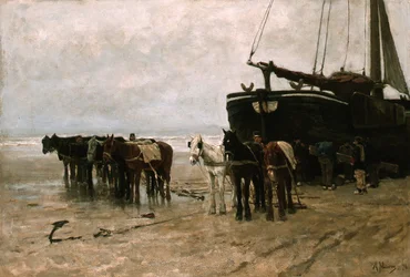 Dutch: Bomschuit met sleeppaarden op het strand van Scheveningen Fishing Boat with Tow Horses on Scheveningen Beach