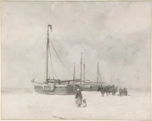 Vissersboten op het strand in de winter