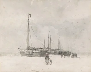 Vissersboten op het strand in de winter, midden tot laat 19e eeuw