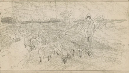 Herder met een kudde schapen in een landschap