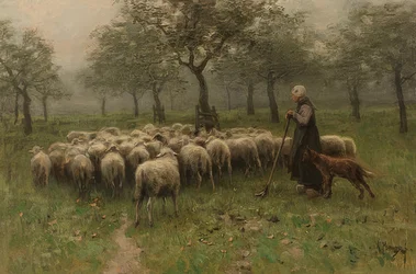 Herderin met een kudde schapen