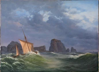 Een Shetlandse vissersboot in stormachtig weer ten noorden van de Orkney-eilanden