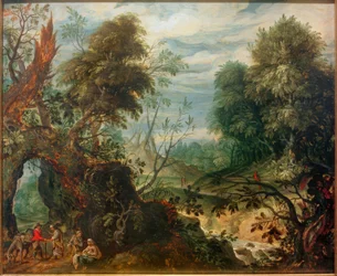 Boslandschap met handelaren